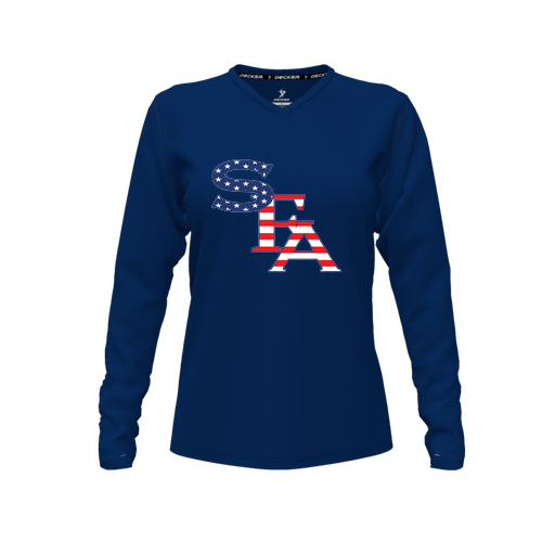 [CUS-DFW-TEES-CMF-VNK-LSL-NVY-FYXS-LOGO2] Decker Comfort T-Shirt (Female Youth XS, Navy, V Neck, Logo 2, Long Sleeve)