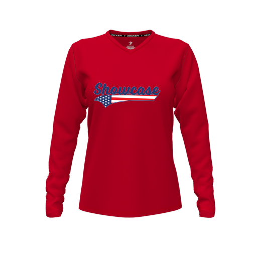 [CUS-DFW-TEES-CMF-VNK-LSL-RED-FYXS-LOGO1] Decker Comfort T-Shirt (Female Youth XS, Red, V Neck, Logo 1, Long Sleeve)