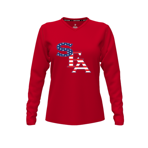 [CUS-DFW-TEES-CMF-VNK-LSL-RED-FYXS-LOGO2] Decker Comfort T-Shirt (Female Youth XS, Red, V Neck, Logo 2, Long Sleeve)